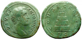 Roman Imperial 
Divus Antoninus Pius &AElig; Sestertius. Rome, after AD 161. DIVVS ANTONINVS, bare head right, with drapery on far shoulder / CONSECR...