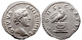 Roman Imperial 
Divus Antoninus Pius AR Denarius. Rome, after AD 161. DIVVS ANTONINVS, bare head to right / CONSECRATIO, eagle standing to right, hea...
