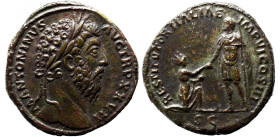 Roman Imperial 
Marcus Aurelius &AElig; Sestertius. Rome, AD 172-173. M ANTONINVS AVG TR P XXVII, laureate head right / RESTITVTORI ITALIAE IMP VI CO...