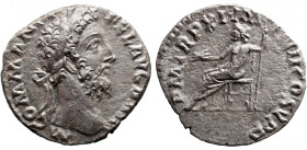 Roman Imperial 
Commodus AR Denarius. Rome, AD 185. M COMM ANT P FEL AVG BRIT, laureate head right / P M TR P XI IMP VII COS V P P, Jupiter seated le...
