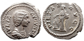 Roman Imperial 
JULIA DOMNA (Augusta, 193-217). Denarius. Rome. Obv: IVLIA AVGVSTA. Draped bust right. Rev: PIETAS AVGG. Pietas standing left, holdin...