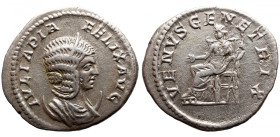 Roman Imperial 
Julia Domna (mother of Caracalla) AR Denarius. Rome, AD 211-217. IVLIA PIA FELIX AVG, draped bust to right / VENVS GENETRIX, Venus se...