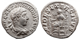 Roman Imperial 
Elagabalus AR Denarius. Rome, AD 218. IMP CAES M AVR ANTONINVS AVG, laureate and draped bust to right / FIDES EXERCITVS, Fides seated...