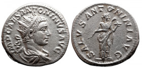 Roman Imperial 
Elagabalus AR Antoninianus. Rome, AD 218-222. IMP CAES ANTONINVS AVG, radiate and draped bust right / SALVS ANTONINI AVG, Salus stand...
