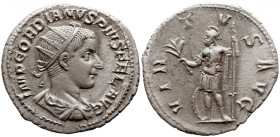 Roman Imperial 
GORDIAN III (238-244). Antoninianus. Rome. 
Obv: IMP GORDIANVS PIVS FEL AVG. Radiate, draped and cuirassed bust right. 
Rev: VIRTVS...