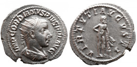 Roman Imperial 
GORDIAN III (238-244). Antoninianus. Rome. 
Obv: IMP GORDIANVS PIVS FEL AVG. Radiate, draped and cuirassed bust right. 
Rev: VIRTVT...