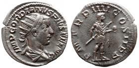 Roman Imperial 
GORDIAN III (238-244). Antoninianus. Rome. 
Obv: IMP GORDIANVS PIVS FEL AVG. Radiate, draped and cuirassed bust right. 
Rev: P M TR...