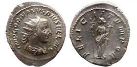 Roman Imperial 
GORDIAN III (238-244). Antoninianus. Rome. 
Obv: IMP GORDIANVS PIVS FEL AVG. Radiate, draped and cuirassed bust right. 
Rev: FELICI...