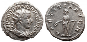 Roman Imperial 
GORDIAN III (238-244). Antoninianus. Rome. 
Obv: IMP GORDIANVS PIVS FEL AVG. Radiate, draped and cuirassed bust right. 
Rev: LAETIT...