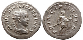 Roman Imperial 
PHILIP II (Caesar, 244-247). Antoninianus. Rome. 
Obv: M IVL PHILIPPVS CAES. Radiate and draped bust right. 
Rev: PRINCIPI IVVENT. ...