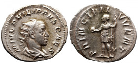 Roman Imperial 
PHILIP II (Caesar, 244-247). Antoninianus. Rome. 
Obv: M IVL PHILIPPVS CAES. Radiate and draped bust right. 
Rev: PRINCIPI IVVENT. ...