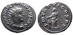Roman Imperial 
PHILIP II (247-249). Antoninianus. Antioch. 
Obv: IMP M IVL PHILIPPVS AVG. Radiate, draped and cuirassed bust right. 
Rev: P M TR P...