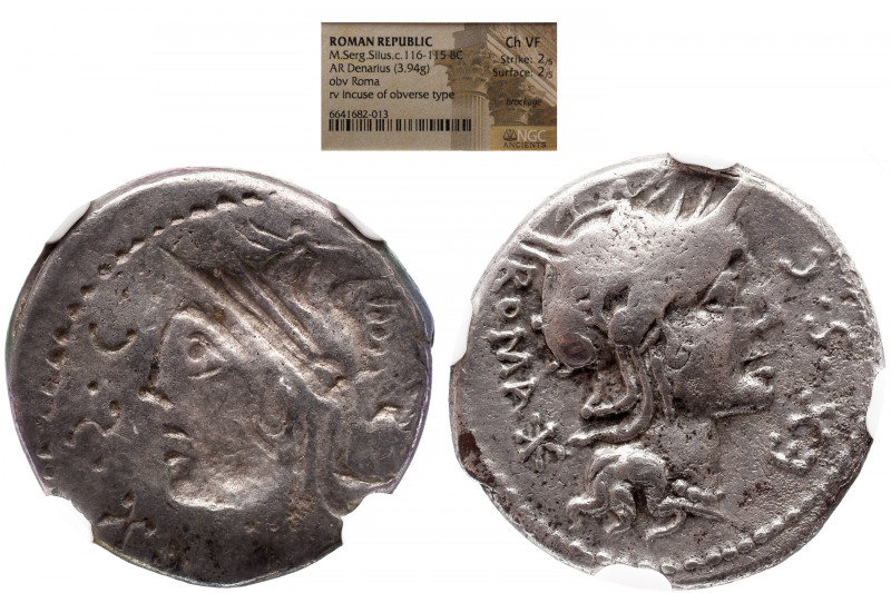 &Ntilde;GC Roman Republic 
M. SERGIUS SILUS (116-115 BC). Denarius. Rome. Incus...