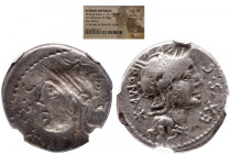 &Ntilde;GC Roman Republic 
M. SERGIUS SILUS (116-115 BC). Denarius. Rome. Incuse NGC CH- VF 
Obv: ROMA EX S C.