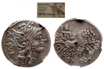 NGC Roman Republic 
L. SENTIUS. C. F. Denarius (101 BC). Rome. NGC VF PLATED DENARIUS 
Obv: ARG PVB. 
Helmeted head of Roma right. 
Rev: L SENTI C...