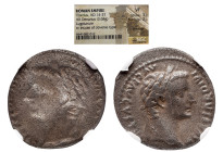 NGC Roman Imperial 
TIBERIUS (14-37). Denarius. "Tribute Penny" type. Lugdunum. NGC VF rv incuse of obverse type brockage 
Obv: TI CAESAR DIVI AVG F...