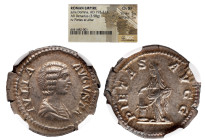 NGC Roman Imperial 
JULIA DOMNA (Augusta, 193-217). Denarius. Rome. NGC CH-XF 
Obv: IVLIA AVGVSTA. Draped bust right. 
Rev: PIETAS AVGG. Pietas sta...