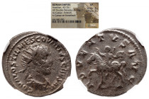 NGC Roman Imperial 
Hostilian. AD 251. AR Antoninianus. Antioch mint, 3rd officina. NGC VF 
 C OVAL OSTIL MES COVINTVS CAESAR, radiate and draped bu...