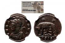 NGC Roman Imperial 
CONSTANTINE I 'THE GREAT' (307/10-337). Commemorative Series. Follis. Siscia. NGC CH-AU 
Obv: VRBS ROMA. Helmeted and mantled bu...