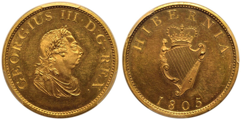 GREAT BRITAIN. IRELAND. George III, 1760-1820.
Gilt Bronze Halfpenny, 1805.
En...