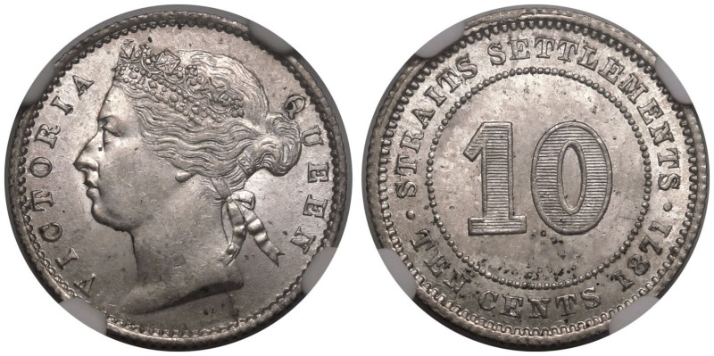 STRAITS SETTLEMENTS. Victoria.
Silver 10 Cents, 1871. London.
Obv: VICTORIA QU...