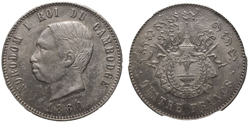 CAMBODIA. Norodom I.
Silver 4 Francs, 1860.
NORODOM I ROI DU CAMBODGE, C.WURDE...