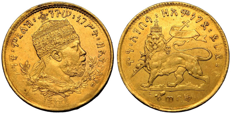 ETHIOPIA. Menelik II.
Gold 1 Werk, EE1889. Paris.
ደግማዊ ፡ ምኒልክ ፡ ንጉሠ ፡ ነገሥት ፡ ዘ...