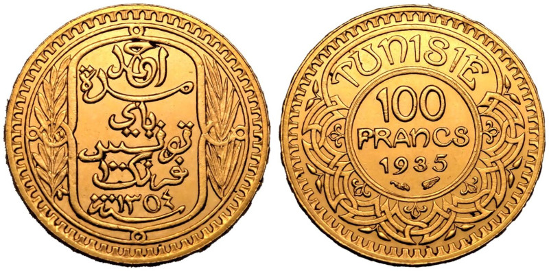 TUNISIA. Ahmad II, 1929-42.
Gold 100 Francs, AH 1354 (1935). Paris .
Extremely...