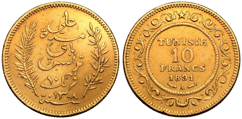 TUNISIA. Ahmad II, 1929-42.
Gold 10 Francs, AH 1308 (1891). Paris .
Very fine....