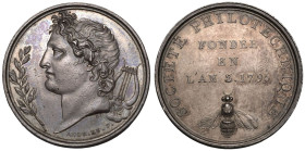 FRANCE.
Silver Medal, 1795.
By Andrieu on the founding of the Societ&eacute; Philotechnique.
Head of Apollo between branch and lyre. / 3 lines of w...