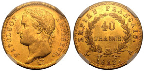 FRANCE. Napoleon I, 1804-14, 1815.
Gold 40 Francs, 1812 A. Paris.
Laureate head of Napoleon facing left, surrounding legend reads NAPOLEON EMPEREUR....