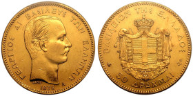 GREECE. George I, 1863-1913.
Gold 50 Drachma, 1876 A. Paris.
By Albert-D&eacute;sir&eacute; Barre. A key coin in Greek kingdom coinage, extremely ra...