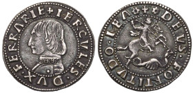 ITALY. FERRARA. Ercole I d'Este, 1471-1505.
Silver Grossone, ND (c. 1475).
Obv.: HERCVLES DVX FERRARIE. Bust of the Duke right.
Rev.: DEVS FORTITVD...