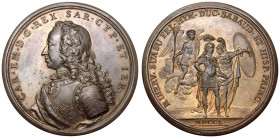ITALY. SAVOY. Carlo Emanuele III, 1730-73.
Bronze Medal, 1750.
For his victories.
Armored bust to left. / Minerva and Hymenaeus crown the King.
Go...