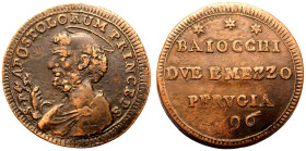 ITALY. PAPAL STATES. Pius VI.
Copper 2 1/2 Baiocchi, 1796.
Very fine.

K&uuml;nker Auction 116 (2006), lot 4135.

Reference: KM-3, C-3
Diameter...