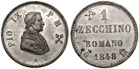 ITALY. PAPAL STATES. Pius IX, 1846-78.
Tin Zecchino, 1848 G. Gaeta.
Good extremely fine.

K&uuml;nker Auction 138 (2008), lot 4886.

Reference: ...