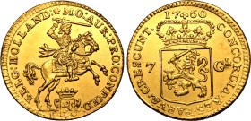 NETHERLANDS. HOLLAND.
Gold 7 Gulden, 1760. HOLLAND.
MO &bull; AUR &bull; PRO &bull; CONFOED - BELG &bull; HOLLAND rose, armored knight on horse abov...