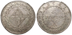 SPAIN. BARCELONA. Joseph Napoleon.
Silver 5 Pesetas, 1809. La Seca.
* EN * BARCELONA. date, denomination and palm sprays in central wreath / Lozenge...