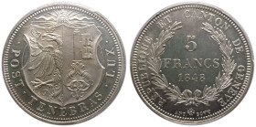 SWITZERLAND. GENEVA.
Silver 5 Francs, 1848. Specimen.
Obv.: POST. TENEBRAS. LUX. Shield with the arms of the city of Geneva.
Rev.: REPUBLIC AND CAN...