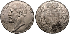 LIECHTENSTEIN. Johann II, 1858-1929.
Silver 5 Kronen, 1910. Vienna.
Obv.: JOHANN II F&Uuml;RST VON LIECHTENSTEIN; Bust portrait of Johann II facing ...