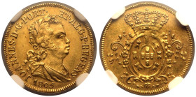 PORTUGAL. Jo&atilde;o, 1799-1816.
Gold 1/2 Escudo (800 Reis), 1805. Lisbon.
Rare 3-year type with very low mintages.
Obv.: JOANNES&bull;D&bull;G&bu...