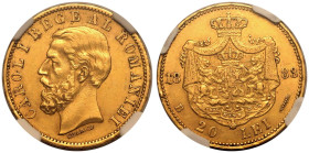 ROMANIA. Carol I, 1866-1914.
Gold 20 Lei, 1890. Bucharest.
Uncrowned head of Carol I left; signed KULLRICH below, CAROL I REGE AL ROMANIEI. / Centra...
