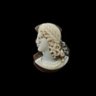 Cameo of layered agate with bust of Apollo. H 2cm. Roman, 1. - 2. c. AD. Purchased 2009 at Gackstätter, Frankfurt a. M. With expertise! Stone around h...