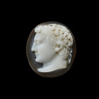 Glass cameo with the head of Agrippa (?). Augustean, about 27 - 12 BC. 1,5 x 1,4cm. Glass with white on bluish black layer. Portrait of Marcus Vipsani...