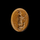 Gemstone with homecoming of Odysseus. Late Roman Republic, 2nd - 1st century BC. 1,6 x 1,2cm. Oval intaglio made of ligth brown jasper with plain fron...