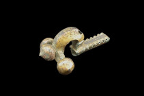 Gilded bulb-headed fibula with niello decor, L 7.5cm. Roman, 3rd - 4th century A.D. Needle and one bulb missing, traces of corrosion at the feet. With...