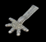 A migration period alemannic (?) fibula with semicircular head and long foot. Silver, partially gilded. About 6th century AD. On the head lavish decor...