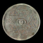 Significant T- Shan bronze mirror. China, Warring States, 480 - 221 BC. ø 19cm, rim width 0.7cm. Bronze. Thin, round, convex mirror with concave rim a...