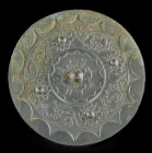 Small silver plated bronze mirror in Han style. China, Late Northern Han period of the Three Kings, 2nd/3rd century AD. ø 13.8cm, rim width 0.2cm. Sil...