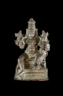 Small statuette of Vishnu Narayana with Lakshmi. India, 17th century. Height 10,5cm. Small bronze of the four-handed Vishnu Narayana. Seated in Lalita...